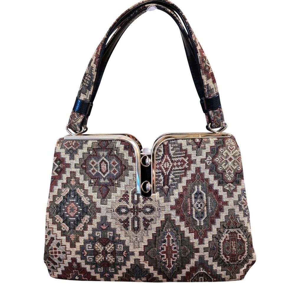 VTG 60s Kadin Tapestry Carpet Bag Purse Double Clasp Kent Zipper Geometric USA